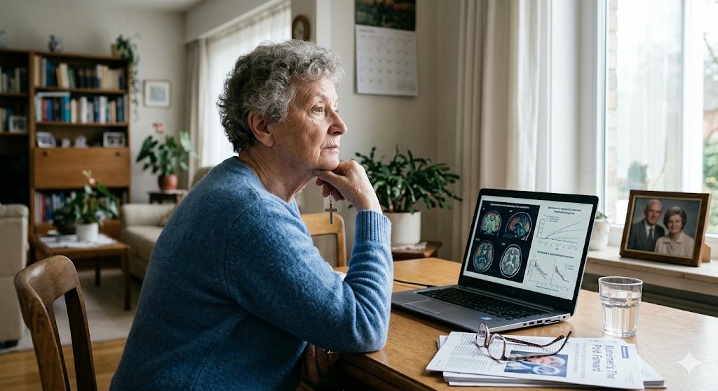 Femme âgée regardant par la fenêtre, ordinateur portable ouvert sur des IRM cérébrales et des courbes de déclin cognitif, livret d'information sur Alzheimer posé sur la table