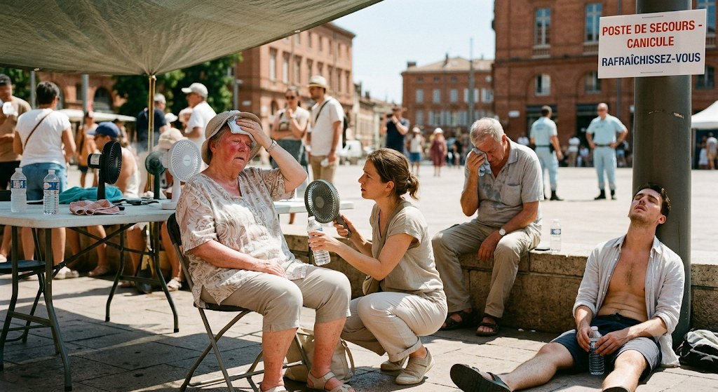 Poste de secours canicule en plein air : une bénévole évente une femme âgée au visage rouge et lui tend de l'eau, d'autres personnes se rafraîchissent sous une tente près d'une pancarte « Poste de secours, canicule, rafraîchissez-vous »