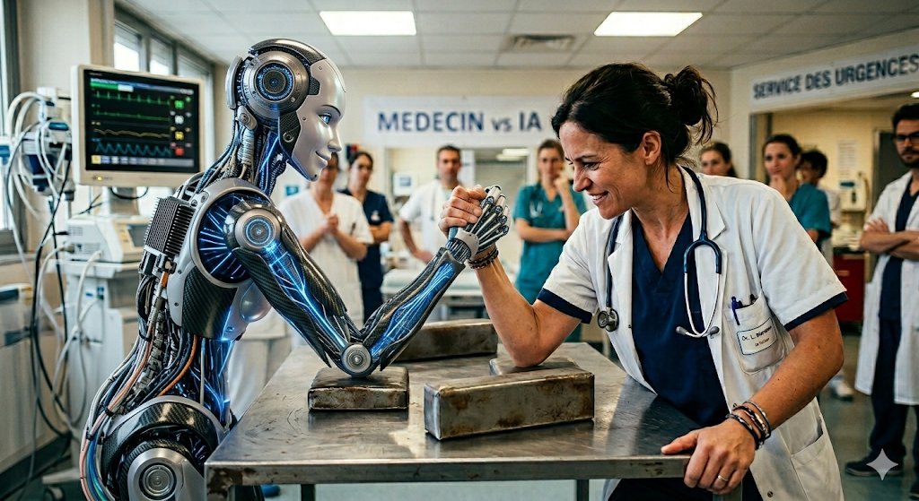Bras de fer entre un robot humanoïde et une médecin dans un service des urgences, sous le panneau MEDECIN vs IA