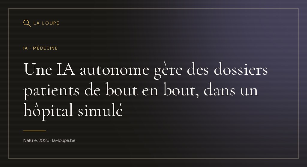 Illustration : une interface de dossier médical stylisée sur fond sombre, avec des flux lumineux reliant analyses, imagerie et prescriptions autour d'une silhouette de patient
