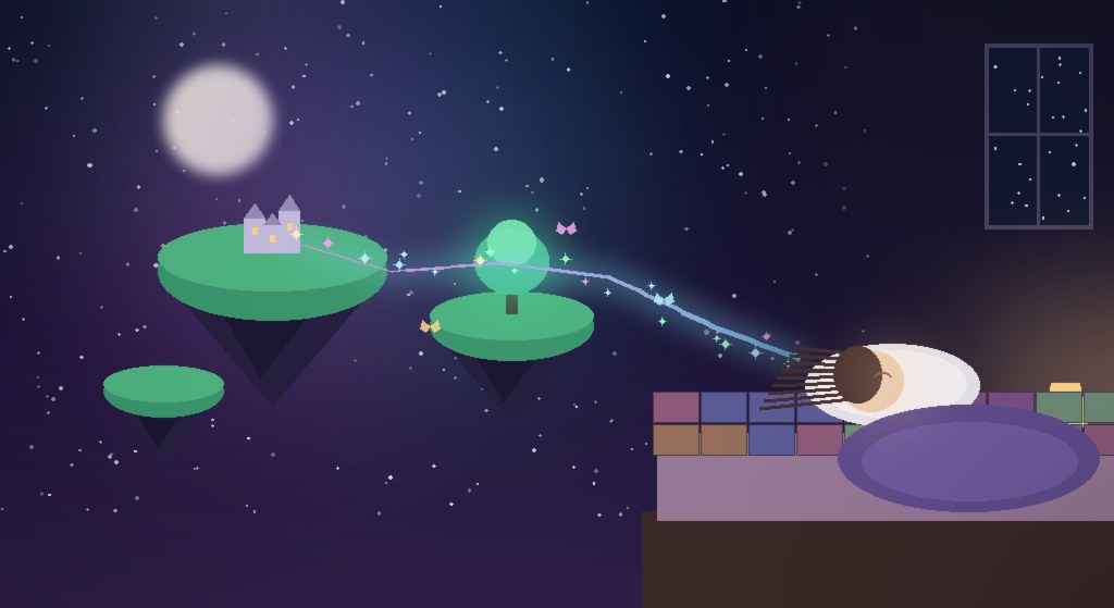 Illustration : une personne endormie dans son lit la nuit ; de sa tête s'échappe un ruban de lumière coloré qui mène à un monde onirique — îles flottantes, château, arbre enchanté, papillons et étoiles sous un croissant de lune