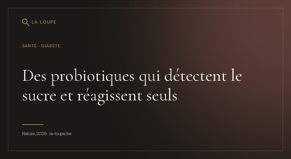 Illustration : des bactéries stylisées en lumière verte dans une paroi intestinale, entourées de molécules de glucose dorées formant un motif de capteur