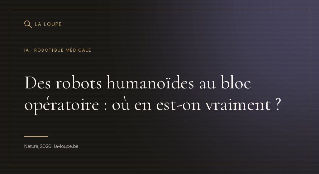 Illustration : un bras robotique humanoïde stylisé tenant des instruments laparoscopiques au-dessus d'une table d'opération, sous un éclairage froid