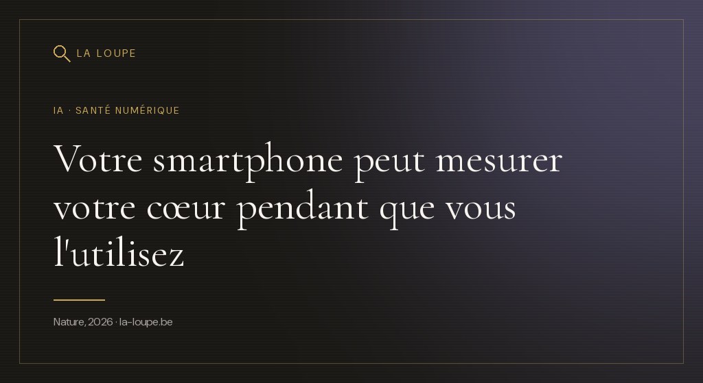 Illustration : un visage stylisé éclairé par la lueur d'un écran de téléphone, traversé de fines ondes lumineuses dorées évoquant un signal cardiaque