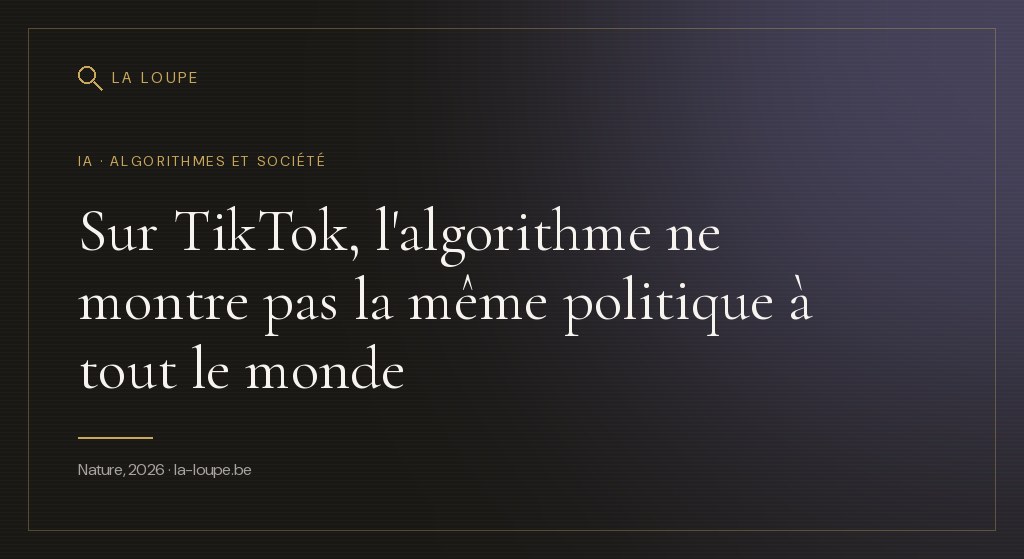 Illustration : deux flux de vidéos verticaux côte à côte sur fond sombre, l'un teinté de bleu et l'autre de rouge, reliés par un réseau de lignes algorithmiques dorées qui s'incurvent différemment